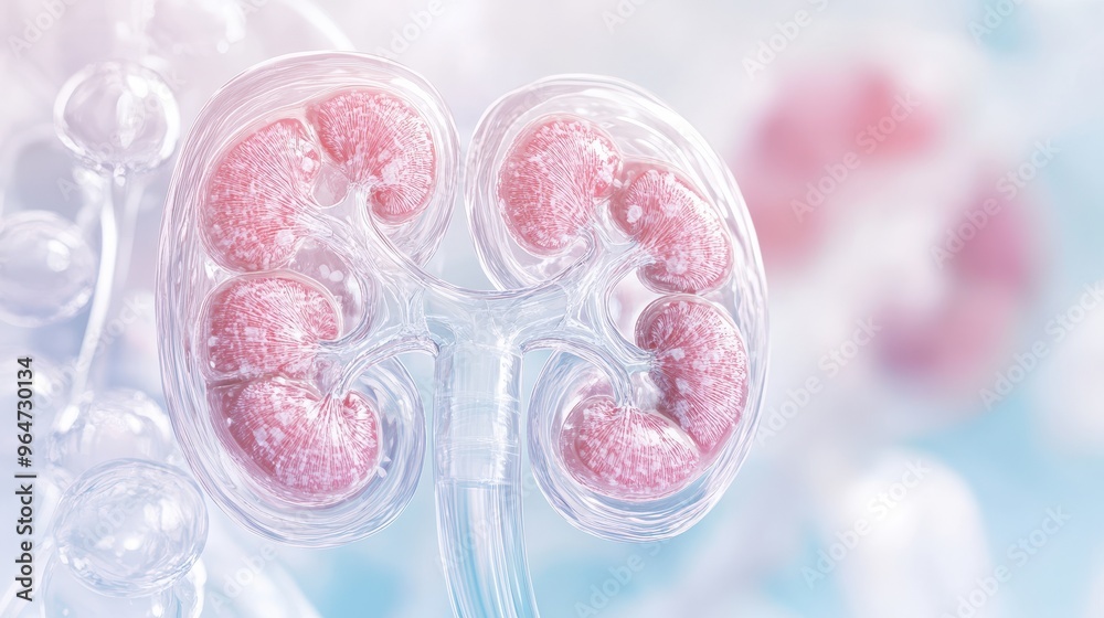 A close up of a pink kidney with a clear tube attached to it A close up of a pink kidney with a clear tube attached to it