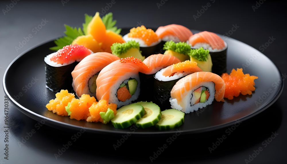 Assorted sushi rolls with salmon, avocado, and orange tobiko caviar on a black plate Assorted sushi rolls with salmon, avocado, and orange tobiko caviar on a black plate