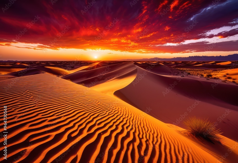 Naklejka premium stunning vibrant sunset illuminating expansive desert dunes rich colors textures, landscape, sky, orange, yellow, red, clouds, sand, expanse, light, nature