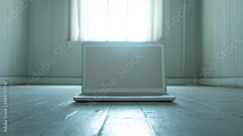 A laptop is sitting on a wooden floor in a room with a window