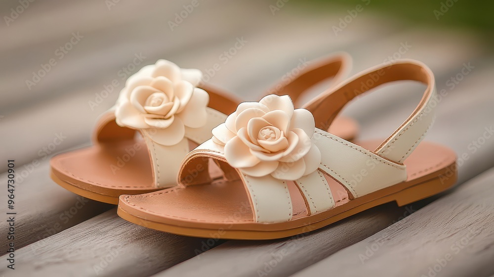 A pair of white sandals with a flower design on them A pair of white sandals with a flower design on them