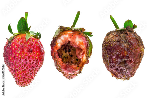 A comparison of fresh and spoiled strawberries showcasing vibrant colors and textures of decay. photo