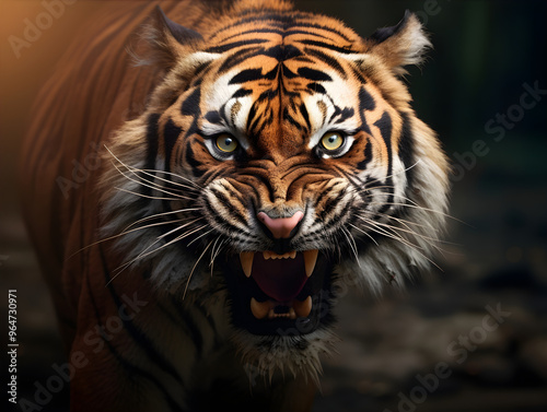 The image showcases an intense tiger growling, highlighting its prominent whiskers and focused eyes, with dramatic effects of lighting and shadow illustrating power and determination. photo