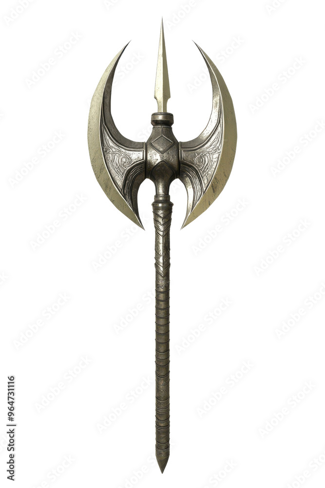 A  ornate weapon design featuring a unique spearhead and a long shaft, perfect for fantasy and medieval themes.