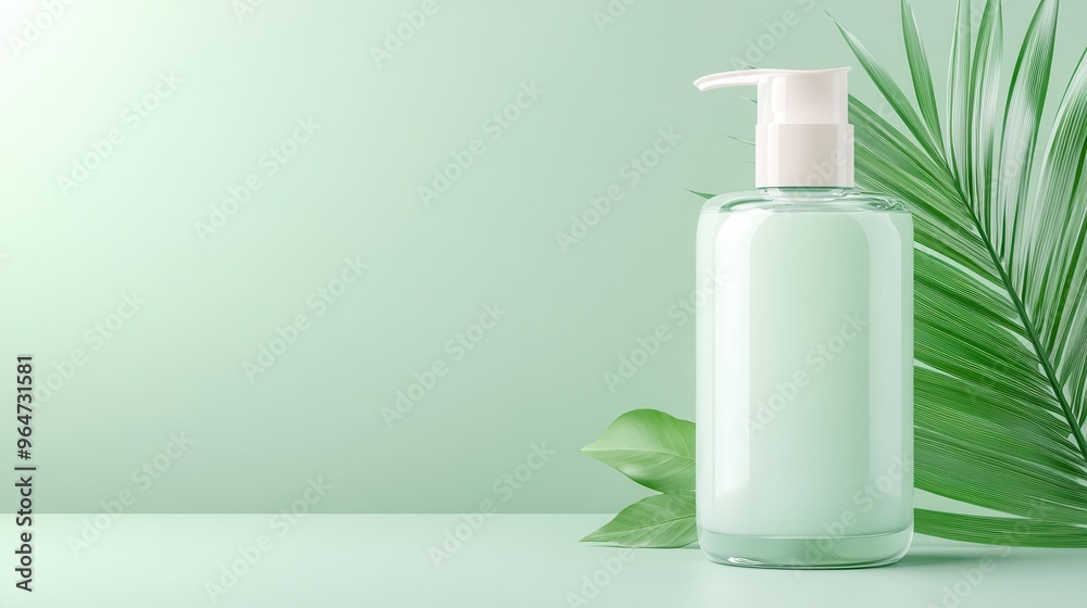 A bottle of lotion is sitting on a green leaf A bottle of lotion is sitting on a green leaf