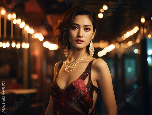 A woman in an elegant red dress stands confidently, adorned with jewelry, set against an evening backdrop with lights, representing beauty and sophistication.