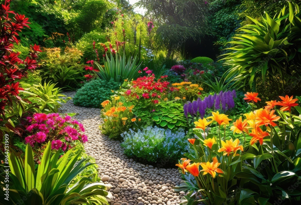 vibrant garden layout featuring diverse plant arrangements colorful lush unique designs eye catching outdoor space, blooms, flowers, foliage, greenery vibrant garden layout featuring diverse plant arrangements colorful lush unique designs eye catching outdoor space, blooms, flowers, foliage, greenery