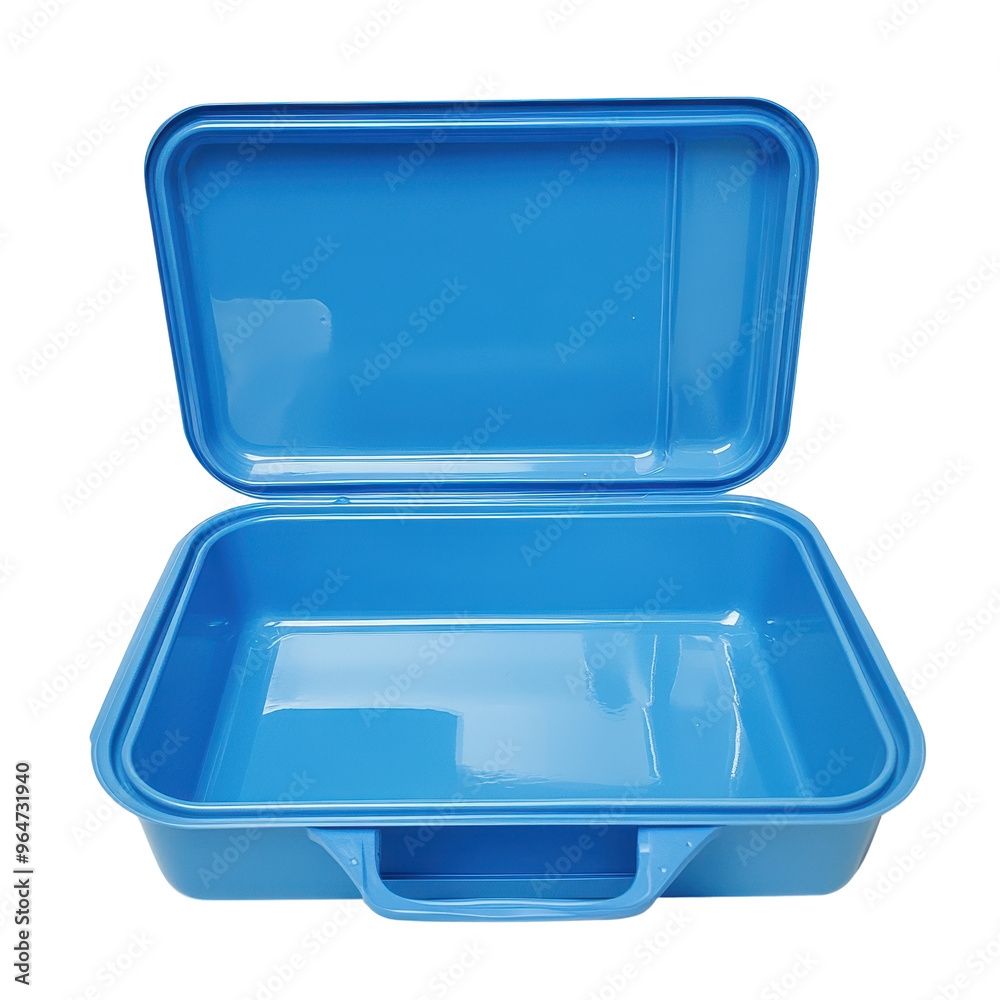 A vibrant blue lunch box with an open lid, showcasing its spacious interior, perfect for meals on the go.