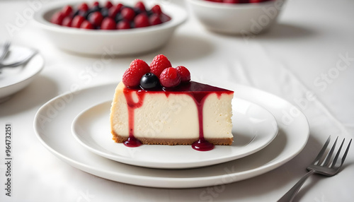 A slice of cheesecake with a red berry topping on a white plate, placed on a table with a light yellow cloth