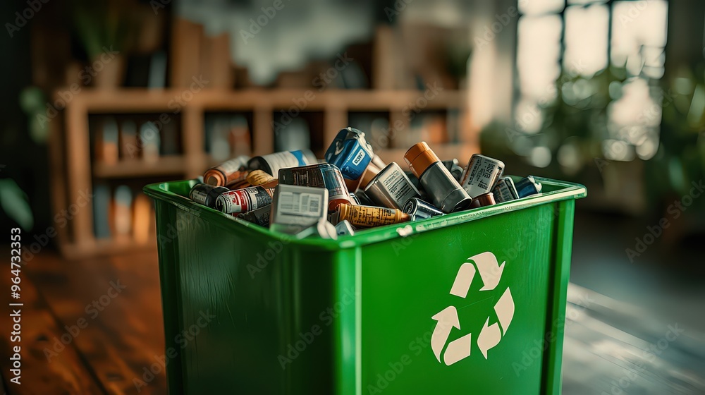 Green container labeled with a recycling symbol, filled with used batteries of various types, promoting safe disposal and environmental awareness for reducing hazardous waste. Green container labeled with a recycling symbol, filled with used batteries of various types, promoting safe disposal and environmental awareness for reducing hazardous waste.