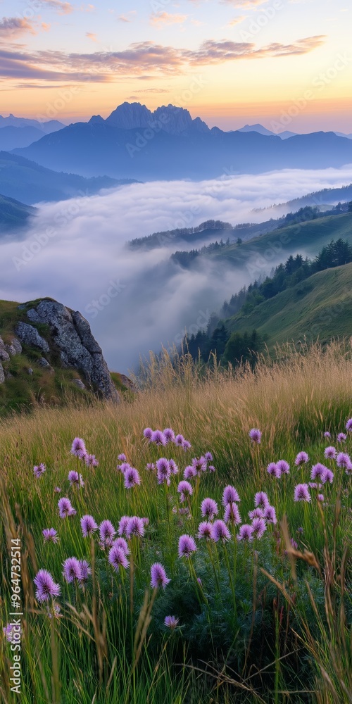 Fototapeta premium A mountain range with a foggy sky and a field of purple flowers. The flowers are scattered throughout the field, with some in the foreground and others in the background