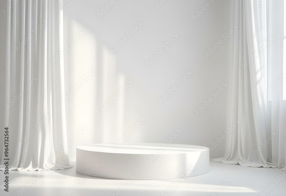 White glossy podium on a bright white background with soft shadows, adjacent to a side window with sheer curtains filtering soft natural light. White glossy podium on a bright white background with soft shadows, adjacent to a side window with sheer curtains filtering soft natural light.