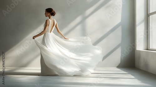 Elegant Woman in a Flowing White Dress: A woman in a flowing white dress standing in a minimalist room, with soft natural light. 
