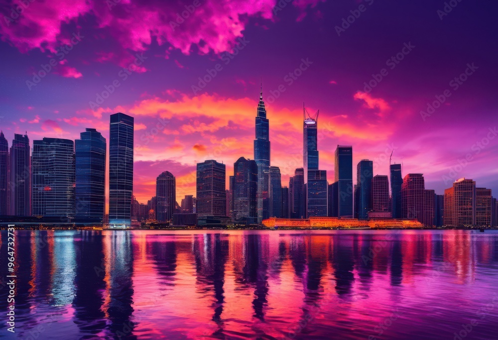Fototapeta premium vibrant city skyline dusk illuminated bright lights colorful horizon, buildings, architecture, urban, landscape, illumination, night, view, scenery, sunset