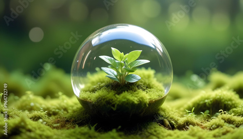 A small green plant growing inside a glass sphere on a bed of moss, with a blurred green background