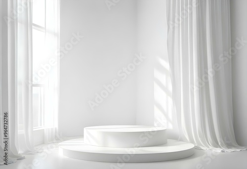 White glossy podium on a bright white background with soft shadows, adjacent to a side window with sheer curtains filtering soft natural light.