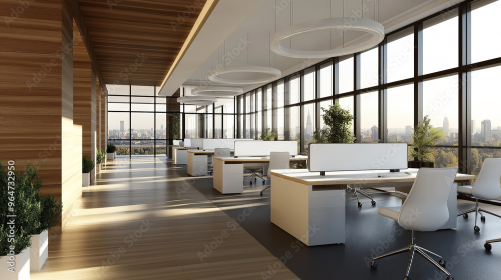 Modern open-plan office space with large windows, natural light, and city view. Features sleek white desks, ergonomic chairs, and indoor plants for a contemporary feel. Modern open-plan office space with large windows, natural light, and city view. Features sleek white desks, ergonomic chairs, and indoor plants for a contemporary feel.