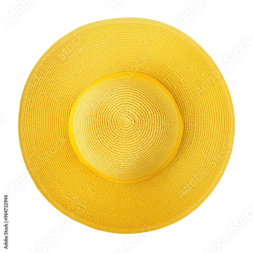 Bright yellow straw hat, perfect for summer days at the beach or a sunny picnic. Stylish and eye-catching accessory.