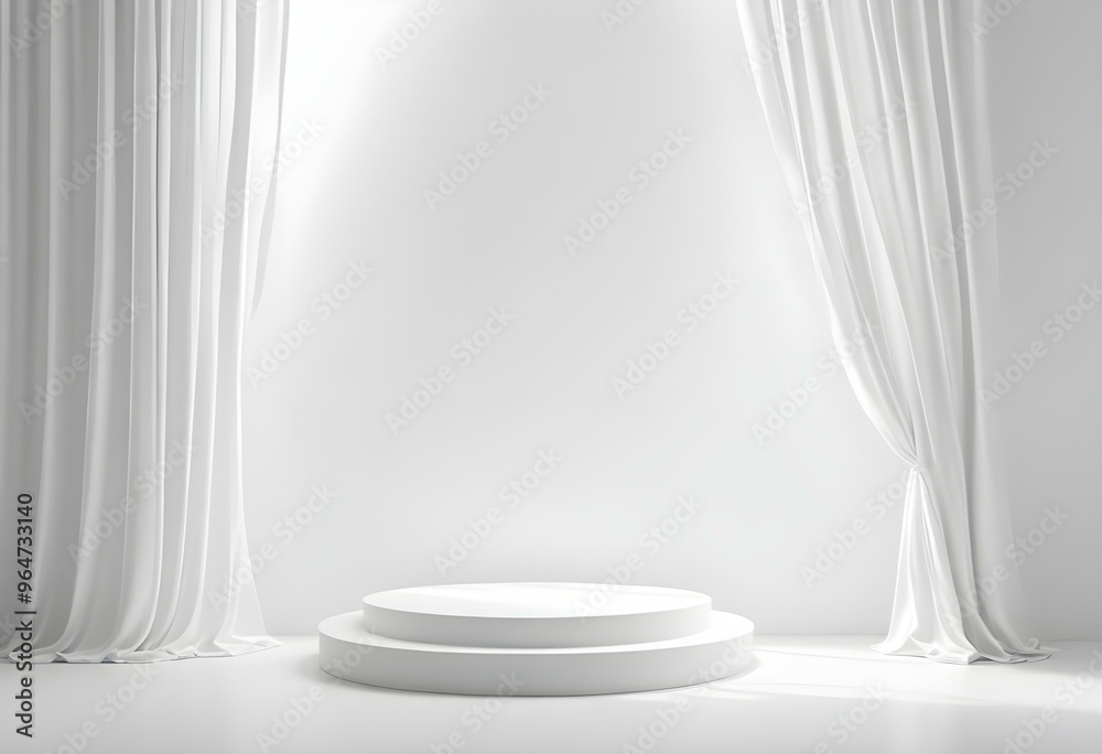 White glossy podium on a bright white background with soft shadows, adjacent to a side window with sheer curtains filtering soft natural light. White glossy podium on a bright white background with soft shadows, adjacent to a side window with sheer curtains filtering soft natural light.