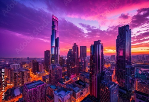 vibrant city skyline twilight featuring dramatic silhouettes colorful dusk sky, aerial, architecture, bright, buildings, cityscape, contrast, evening, horizon