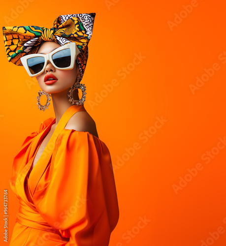 Fashion editorial Concept. Asian chinese girl with colourful bold prints headband head wrap bandana turban, kimono jacket top, sunglass accessories on bright orange background, copy text space