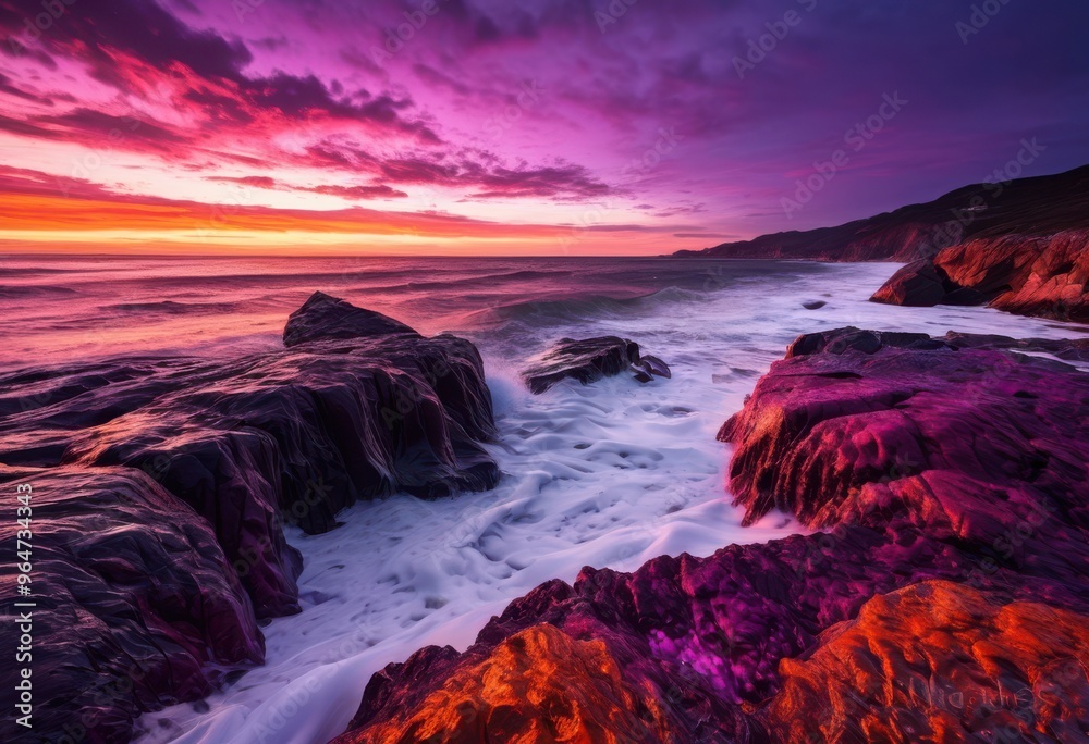 vibrant coastal twilight scene featuring majestic waves rich color palette dusk over ocean, beach, sea, sunset, scenery, landscape, sky, clouds, water