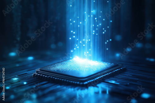A computer chip is lit up in blue light