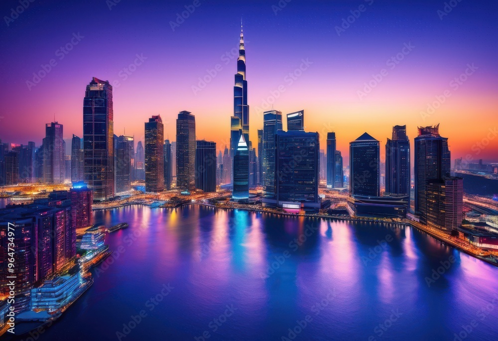 Fototapeta premium vibrant city skyline twilight glowing lights illuminating urban landscape, buildings, architecture, night, illumination, horizon, reflection, colorful, scenery