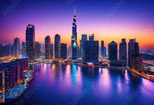 vibrant city skyline twilight glowing lights illuminating urban landscape, buildings, architecture, night, illumination, horizon, reflection, colorful, scenery