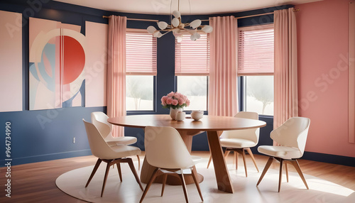 A modern dining room with a round wooden table and two white chairs, set against a pastel pink wall with large windows and architectural details