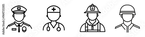 Heroes in Uniform: Simple line icons representing essential service professions - police, healthcare, fire department, and military. 