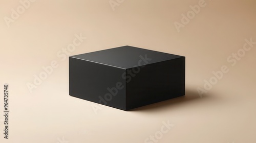 A minimalist black box against a smooth beige background, perfect for product display or abstract art showcases.