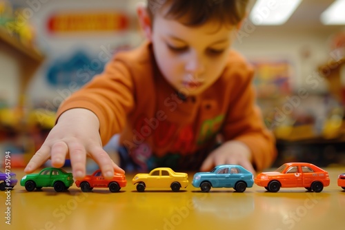 Portrait of a child with autism playing with colorful building blocks, deeply focused and happy