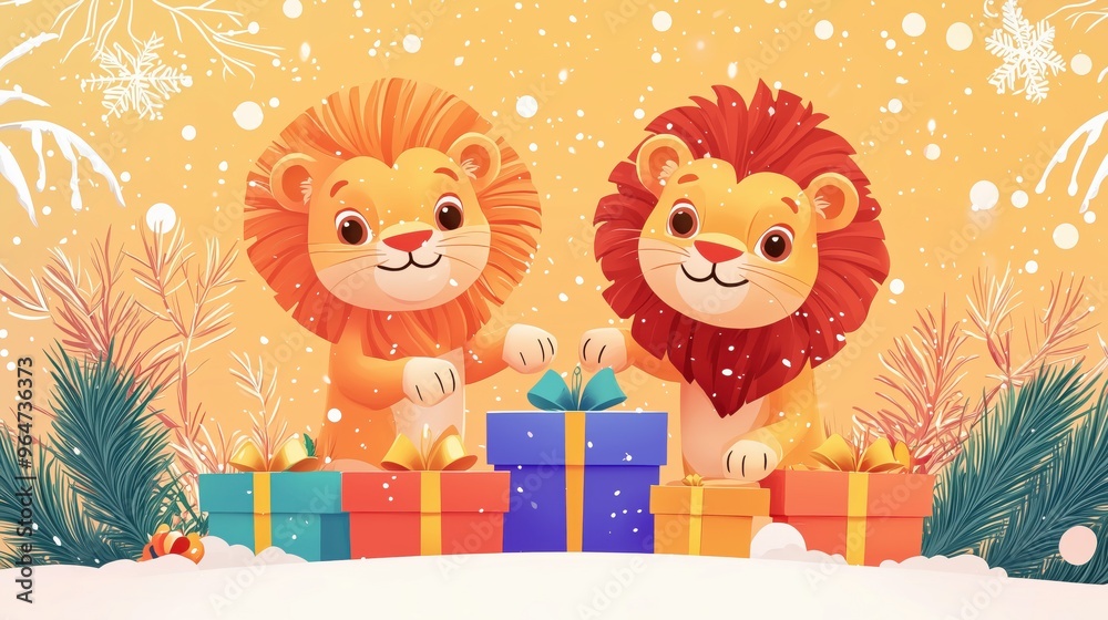 Two cartoon lions joyfully unwrapping colorful gifts in a festive winter setting with falling snowflakes and evergreen decorations Two cartoon lions joyfully unwrapping colorful gifts in a festive winter setting with falling snowflakes and evergreen decorations