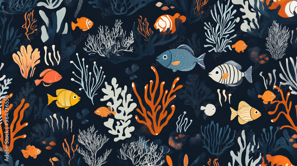 A colorful underwater scene with fish and seaweed