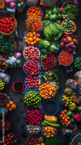 A colorful array of exotic fruits and vegetables in a traditional market, bright and vibrant atmosphere, overhead shot