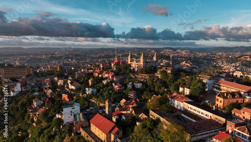 Aerial view of Antananarivo at sunset showcasing vibrant city life, lush landscapes, and historic architecture in Madagascar