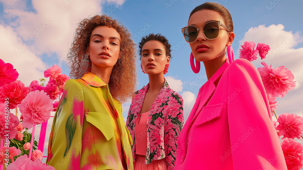 Three fashionable women in vibrant outfits posing against a backdrop of bright pink flowers. Contemporary fashion concept with bold colors and summer style. Three fashionable women in vibrant outfits posing against a backdrop of bright pink flowers. Contemporary fashion concept with bold colors and summer style.