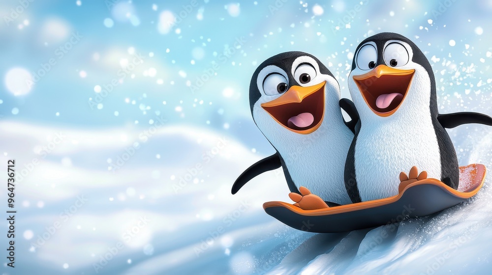 Two playful penguins enjoying a snowy sledding adventure on a winter day in a snowy landscape