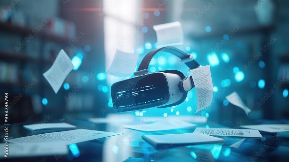 virtual reality headset floating over business documents immersive technology concept 3d illustration virtual reality headset floating over business documents immersive technology concept 3d illustration