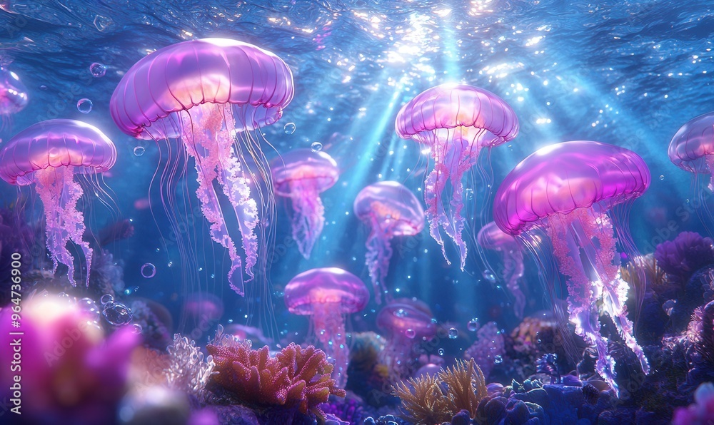 A surreal underwater scene with glowing jellyfish and colorful coral reefs, sunlight filtering through the water, vibrant sea life in motion A surreal underwater scene with glowing jellyfish and colorful coral reefs, sunlight filtering through the water, vibrant sea life in motion