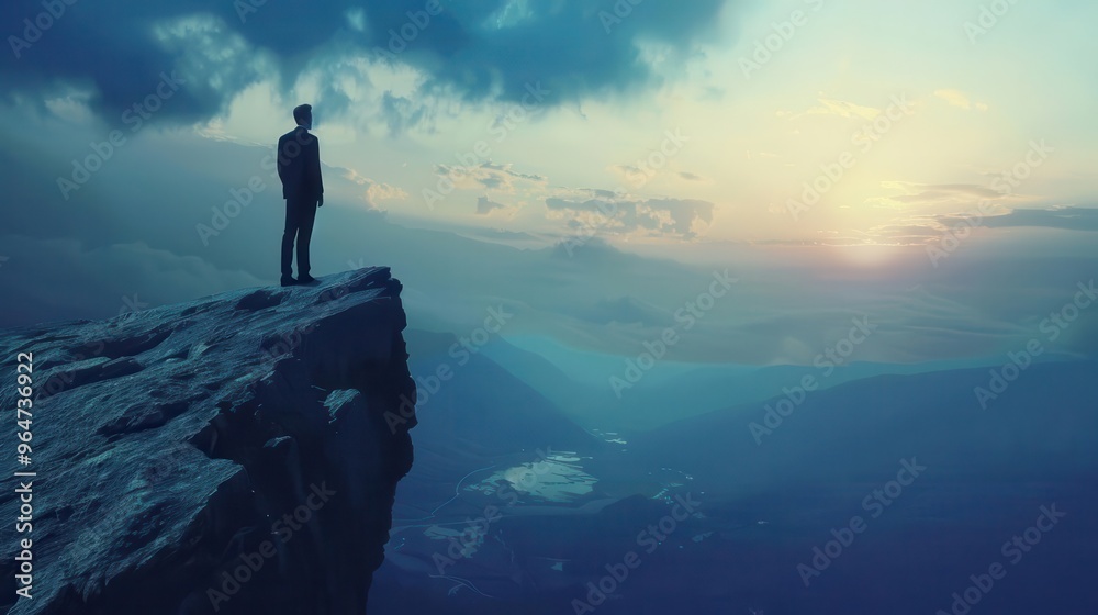 visionary business concept silhouette of executive perched on jagged cliff edge gazing at expansive valley below dramatic lighting suggests dawn of new opportunities visionary business concept silhouette of executive perched on jagged cliff edge gazing at expansive valley below dramatic lighting suggests dawn of new opportunities