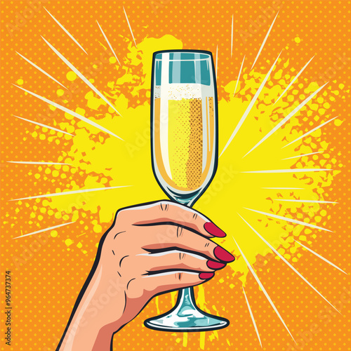 Girls hand holding a glass of champagne. Fast food vector illustration in pop art retro comic style.