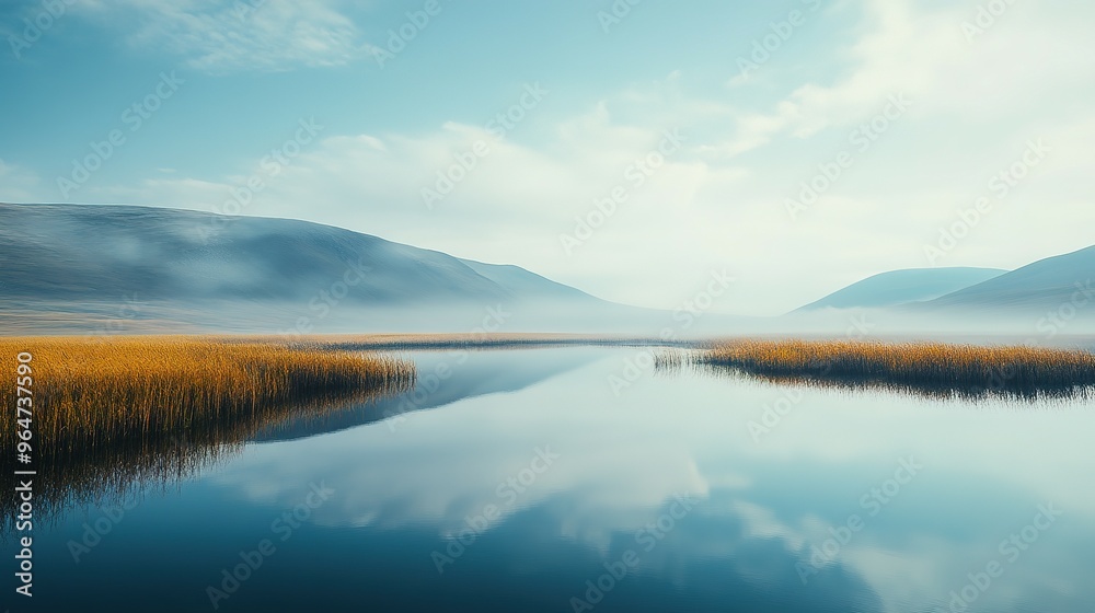 Fototapeta premium Misty Mountain Lake with Reflected Clouds and Reeds