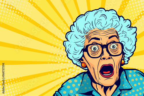 Amazed grandmother. Old, gray-haired woman in glasses and looking with surprising. Unbelievable news, big sale concept in pop art retro comic style