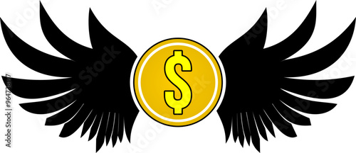 Flying dollar coin illustration with black flapping wings isolated on transparent background	