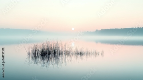 Foggy Sunrise over a Still Lake with a Single Patch of Reeds