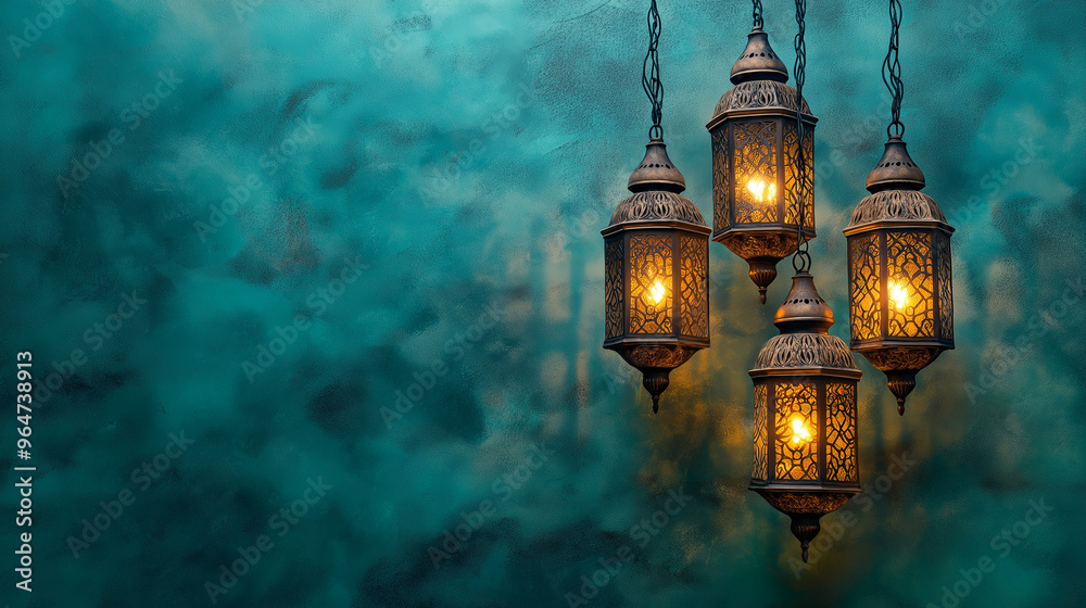 Luminous lanterns hanging on teal background with copy space.
