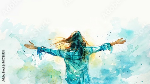 watercolor illustration of a young woman with arms outstretched worshipping against a white background conveying spiritual devotion and peace