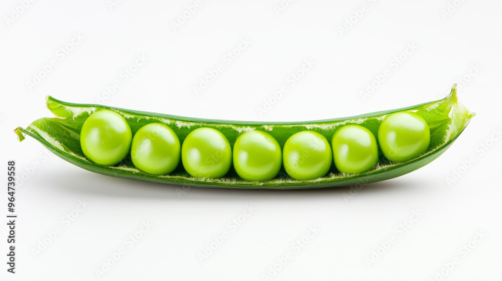 A bright green pea pod, full of peas, is shown against a plain white background. A bright green pea pod, full of peas, is shown against a plain white background.